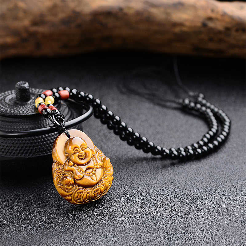 Buddha Stones Tiger's Eye Laughing Buddha Blessing Necklace - image 4