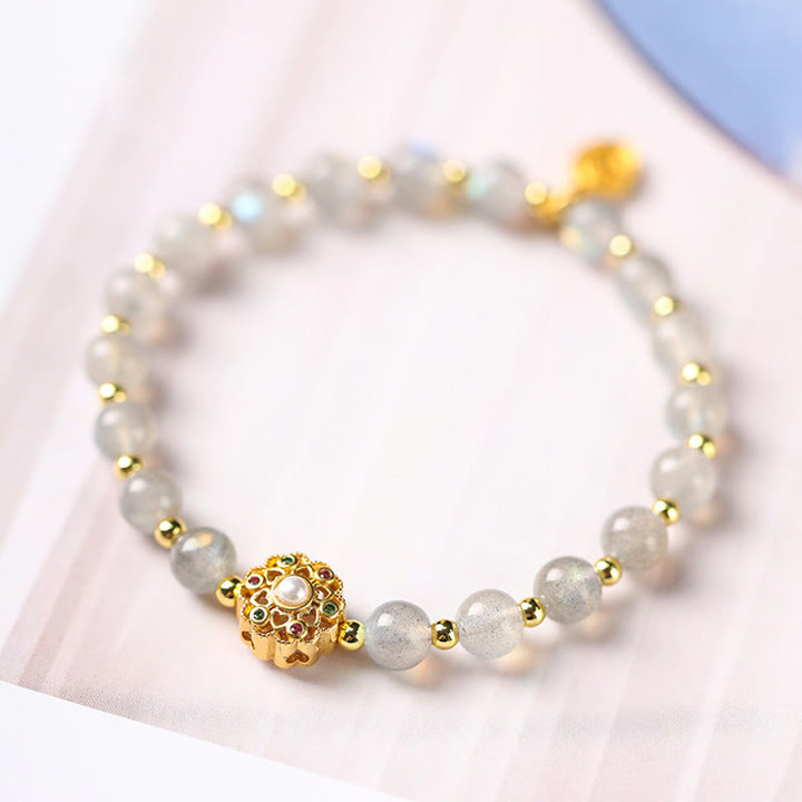 Buddha Stones 14K Gold Plated Natural Strawberry Quartz Labradorite Sun Stone Fu Character Positive Charm Bracelet - image 5
