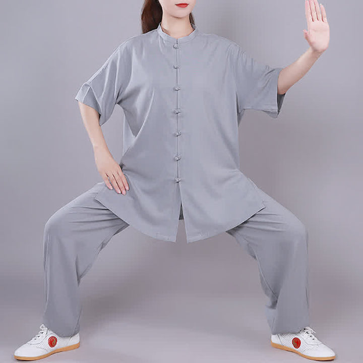Tai Chi Qigong Meditation Prayer Spiritual Zen Practice Unisex Cotton Linen Clothing Set - Gray - Short Sleeve - US14，UK/AU18，EU46 (3XL)  - image 23