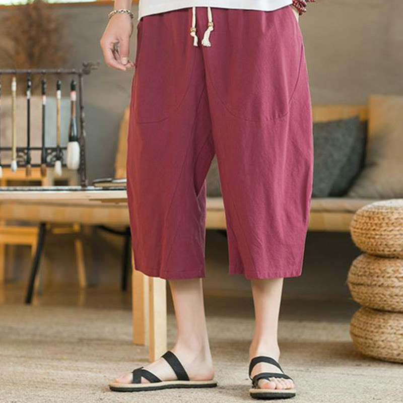 Buddha Stones Solid Color Mid-length Linen Men's Wide Leg Pants With Pockets