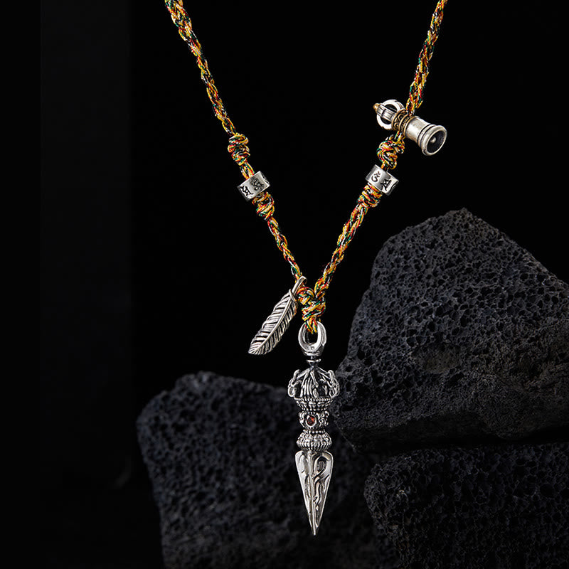 Tibetan Handmade 925 Sterling Silver Dorje Vajra Om Mani Padme Hum Feather Strength Necklace Pendant - image 2