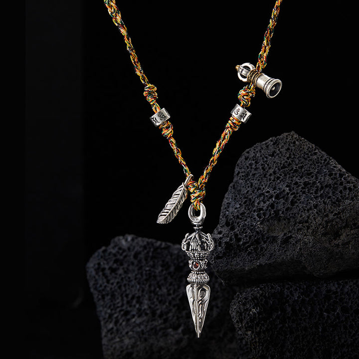 Tibetan Handmade 925 Sterling Silver Dorje Vajra Om Mani Padme Hum Feather Strength Necklace Pendant - image 2