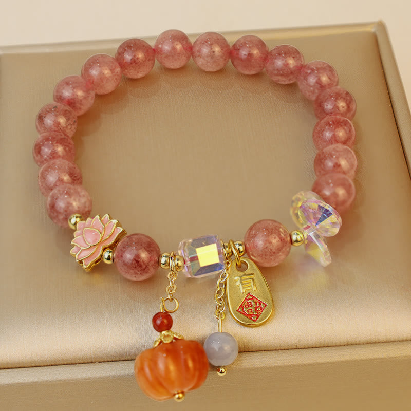 Buddha Stones Natural Strawberry Quartz Fu Character Pumpkin Charm Positive Bracelet