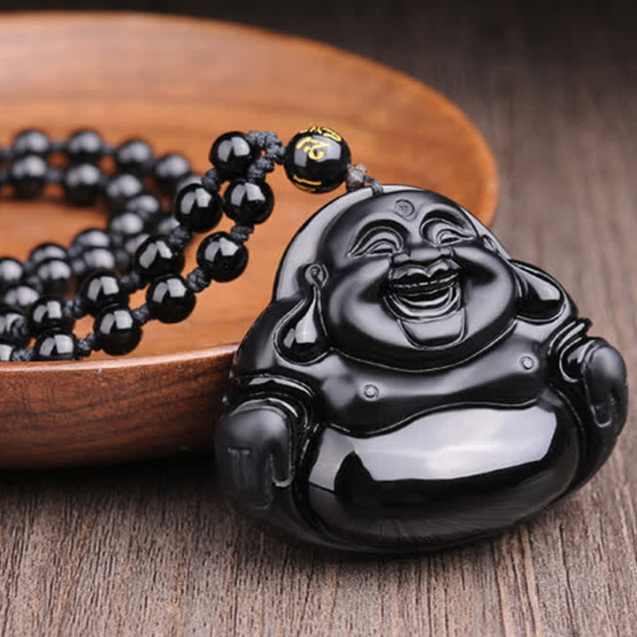Buddha Stones Laughing Buddha Black Obsidian Transformation Pendant Necklace - image 3