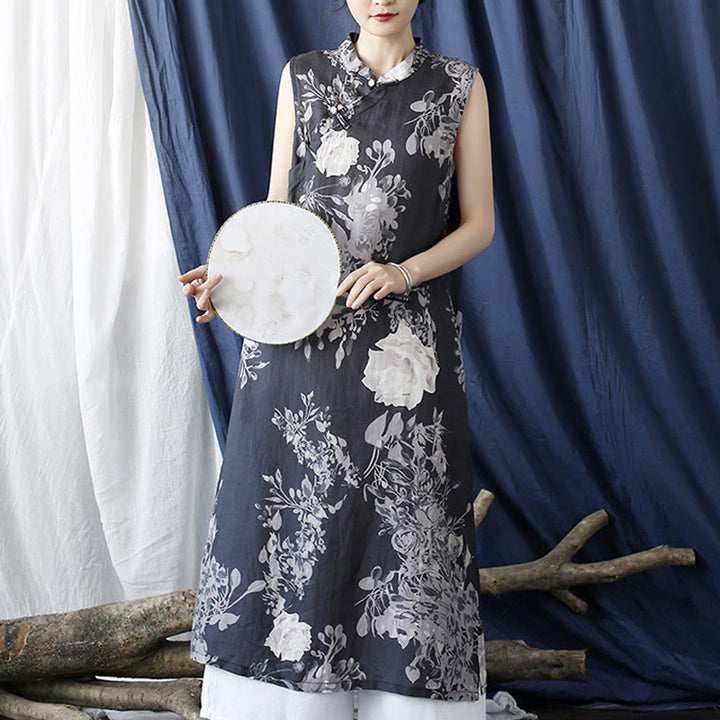 Buddha Stones Ancient Ramie Linen Flowers Printing Cheongsam Dresses Sleeveless Dress