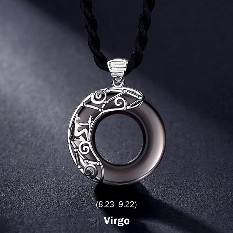 Buddha Stones 12 Constellations of the Zodiac Ice Obsidian Blessing Round Pendant Necklace