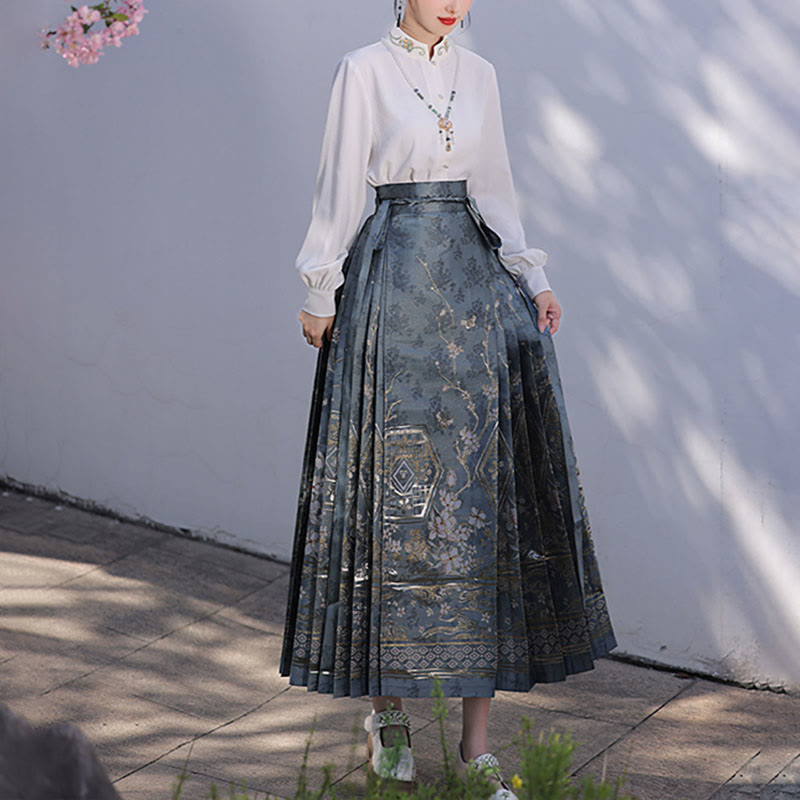 Buddha Stones Chinese Hanfu Blue Patio Plum Blossoms Printed Horse Face Skirt Mamianqun