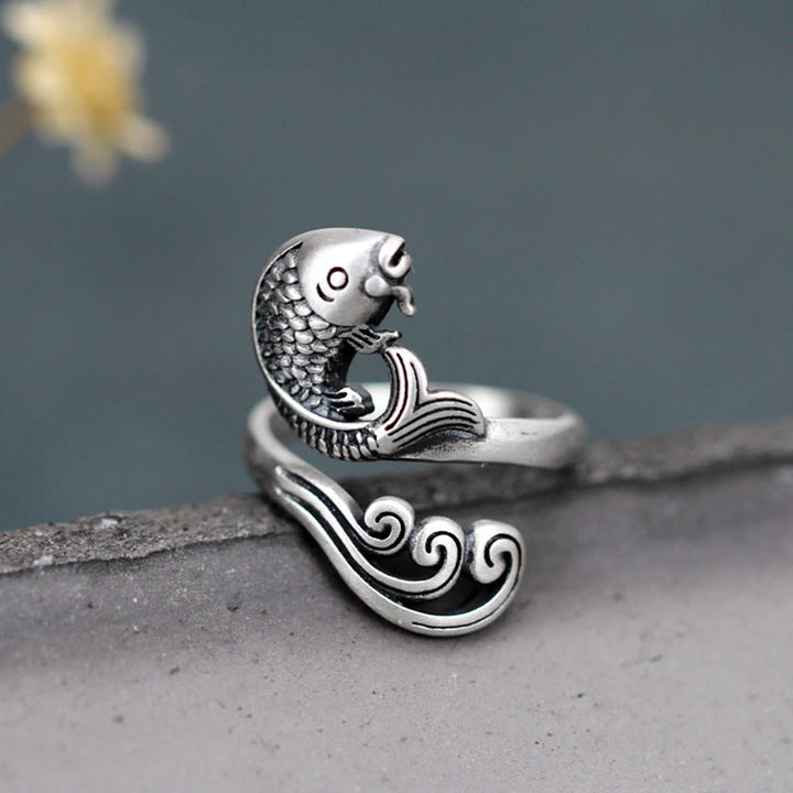 Buddha Stones 925 Sterling Silver Koi Fish Water Ripple Luck Wealth Ring - image 4