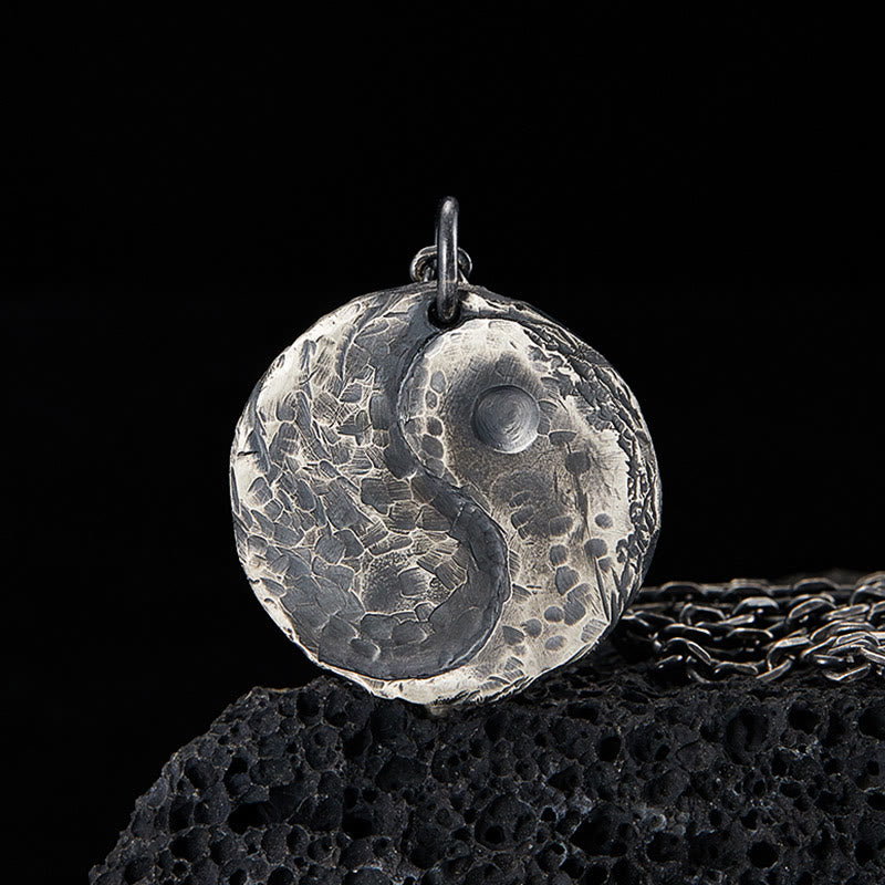Buddha Stones 990 Sterling Silver Yin Yang Hammer Texture Harmony Necklace Pendant - 990 Sterling Silver - image 1