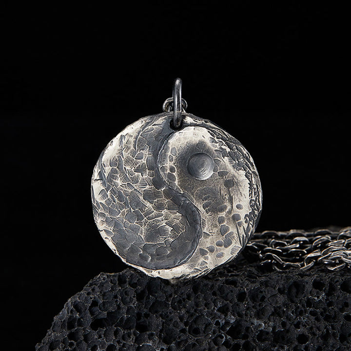 Buddha Stones 990 Sterling Silver Yin Yang Hammer Texture Harmony Necklace Pendant - 990 Sterling Silver - image 1