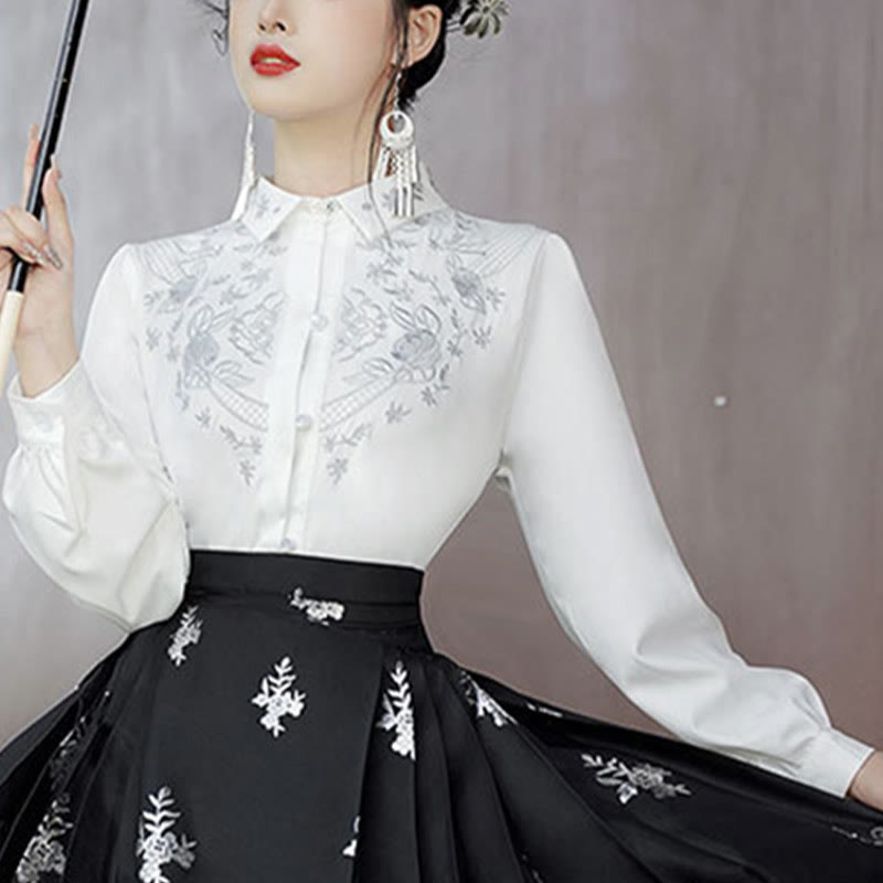 Buddha Stones Flowers Leaves Feathers Long Sleeve Shirt Top Chinese Hanfu Ming Dynasty Horse Face Skirt Mamianqun Skirt