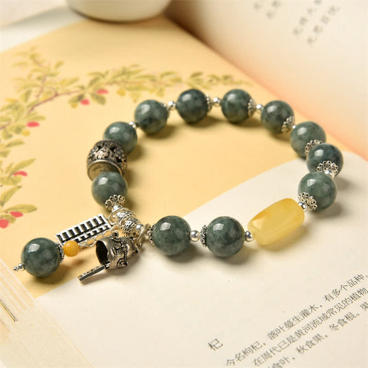 925 Sterling Silver Cyan Jade Amber Abacus Lucky Cat Success Bracelet - image 7