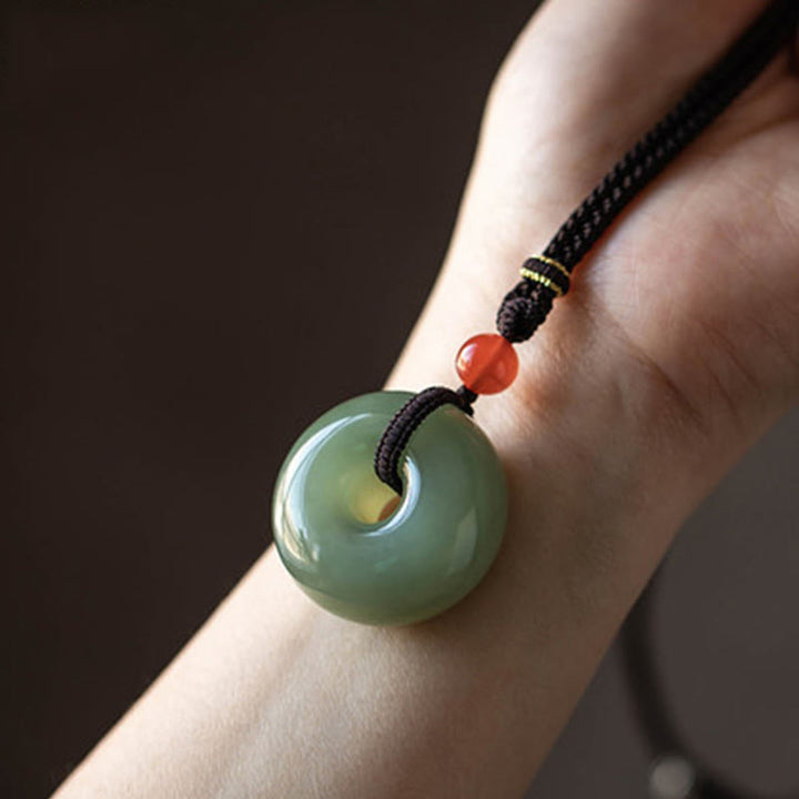 Natural Round Jade Peace Buckle Lotus Abundance String Necklace Pendant - image 11