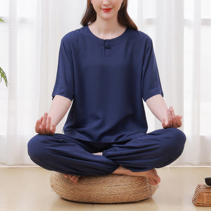 Buddha Stones 2Pcs Half Sleeve T-Shirt Pants Meditation Zen Tai Chi Cotton Linen Clothing Unisex Set