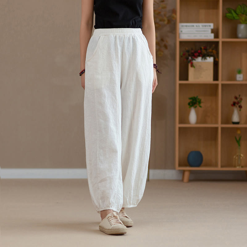 Buddha Stones Ramie Linen Flexible Waistband Yoga Harem Pants With Pockets