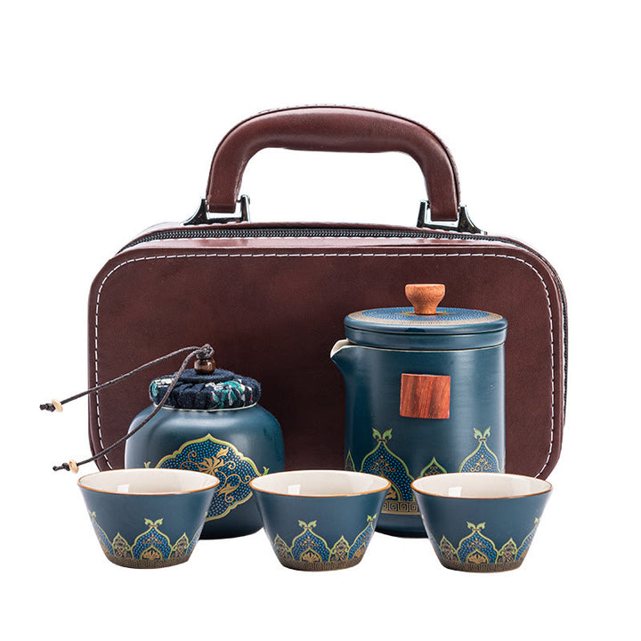 Flower Chinese Gongfu Ceramic Teapot Portable Outdoor Travel Tea Set Bag