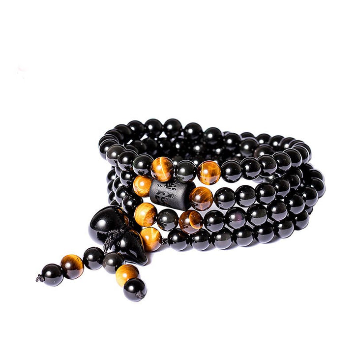 Buddha Stones Natural Black Obsidian Rainbow Obsidian Gourd Blessing Bracelet Mala