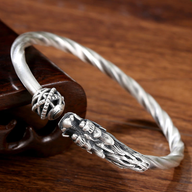 Buddha Stones 999 Sterling Silver Year of the Dragon Luck Strength Metal Cuff Bracelet Bangle - image 2