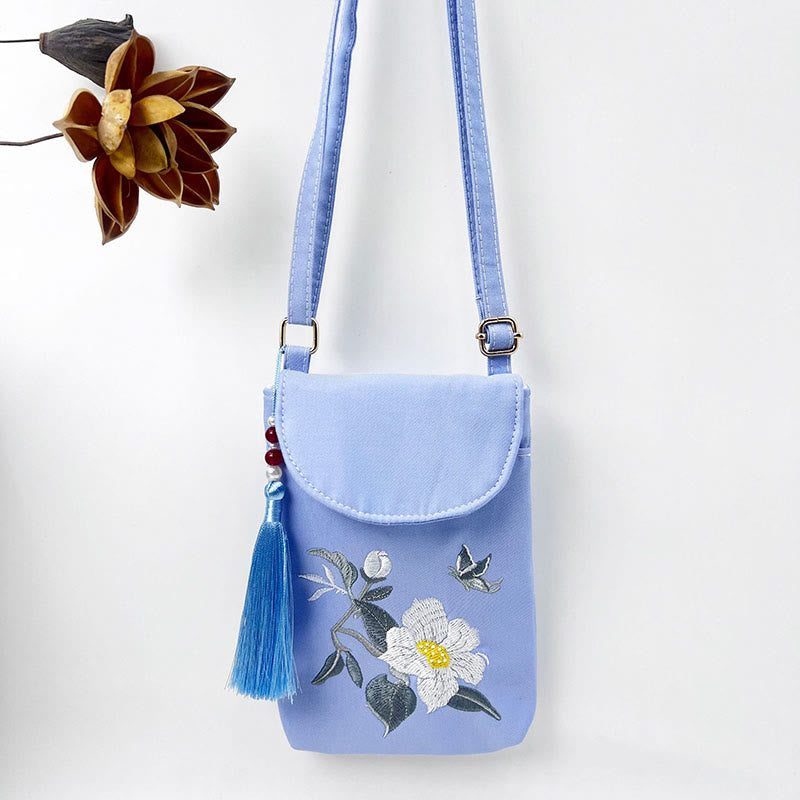 Buddha Stones Small Embroidered Flowers Crossbody Bag Shoulder Bag Double Layer Cellphone Bag