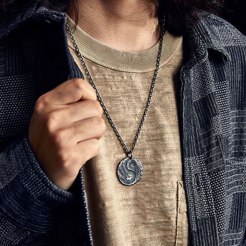 Buddha Stones 990 Sterling Silver Yin Yang Hammer Texture Harmony Necklace Pendant - image 5