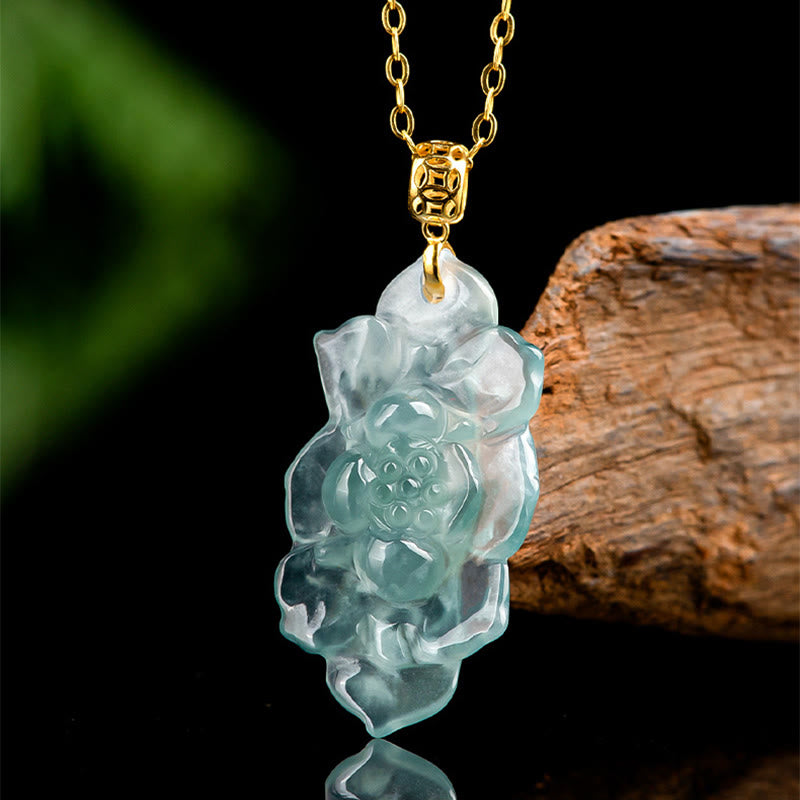 Buddha Stones 18K Gold Natural Jade Lotus Pattern Prosperity Necklace Pendant - image 2