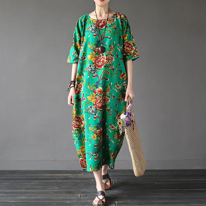 Buddha Stones Red Peony Flowers Printed Midi Dress Half Sleeve Cotton Linen Dress