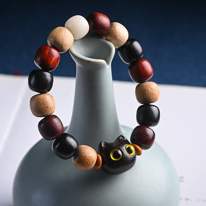 Buddha Stones Small Leaf Red Sandalwood Ebony Wood Cute Cat Engraved Protection Bracelet - image 3