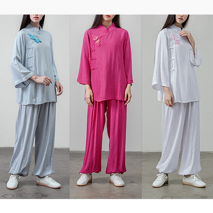 Buddha Stones 2Pcs Tang Suit Frog-Button Shirt Top Pants Meditation Tai Chi Cotton Linen Women's Set