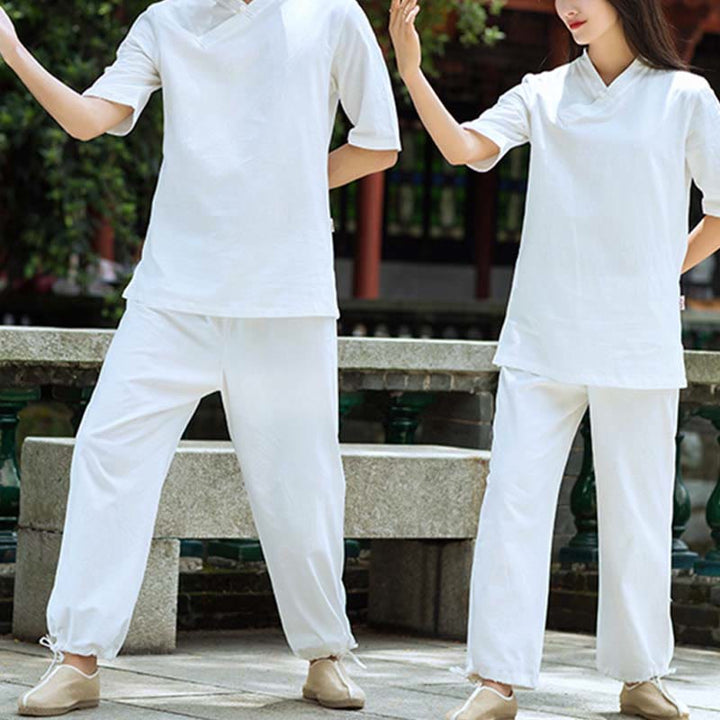 Buddha Stones 2Pcs Half Sleeve V-Neck Shirt Top Pants Meditation Zen Tai Chi Linen Clothing Women's Set