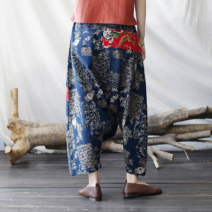 Buddha Stones Red Peony Blue Bamboo Chrysanthemum Patchwork Cotton Linen Harem Pants With Pockets