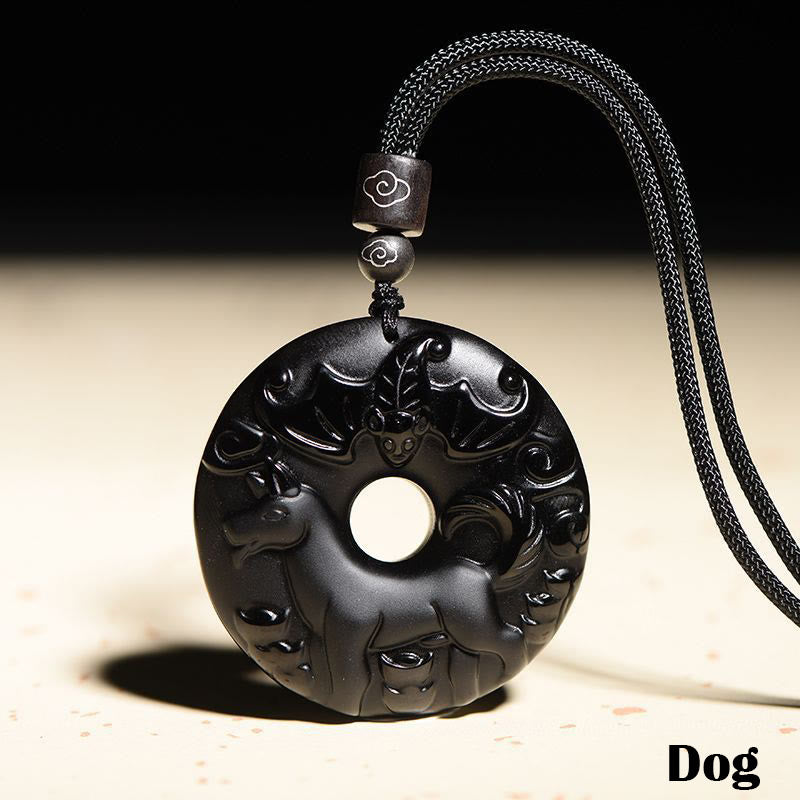 Buddha Stones Chinese Zodiac Natural Black Obsidian Peace Buckle Strength Necklace Pendant - Dog - image 21