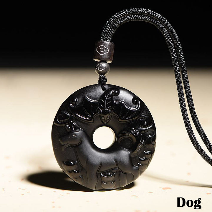 Buddha Stones Chinese Zodiac Natural Black Obsidian Peace Buckle Strength Necklace Pendant - Dog - image 21