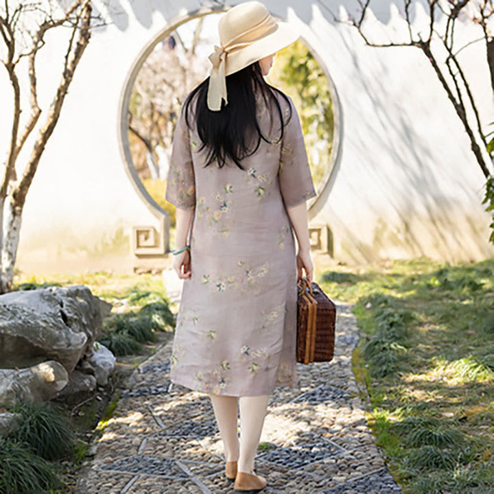 Buddha Stones Yellow Beige Flowers Print Cheongsam Midi Dress Cotton Linen Half Sleeve Dress With Pockets