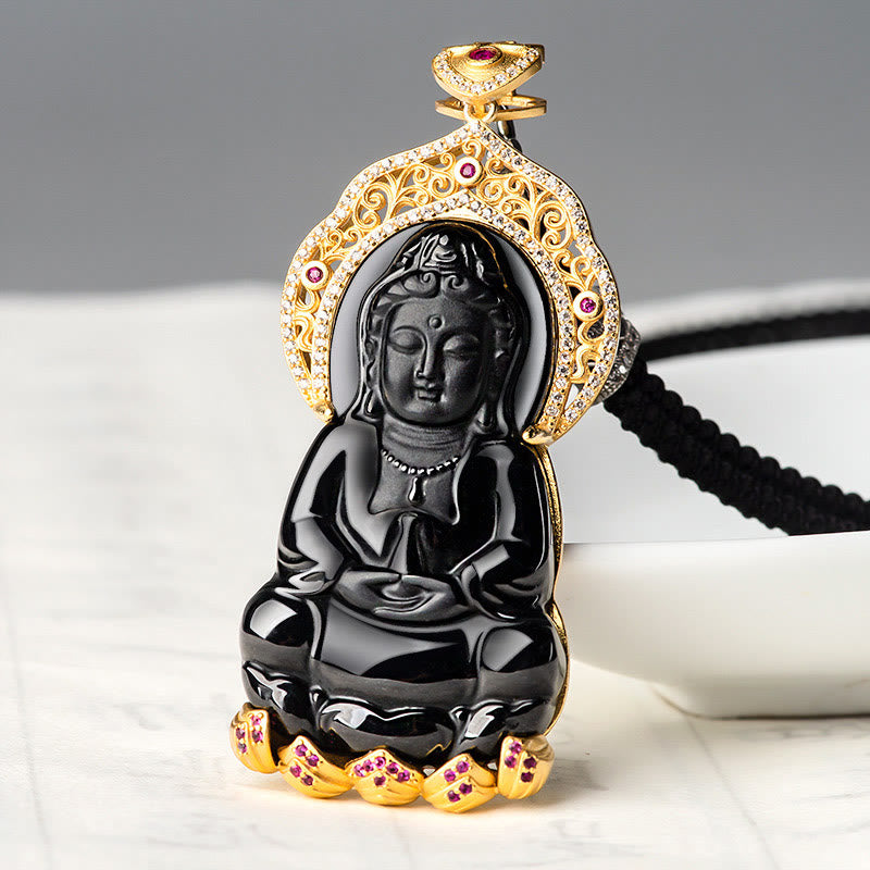 Buddha Stones 925 Sterling Silver Natural Black Jade Kwan Yin Avalokitesvara Wealth Necklace Pendant - image 2