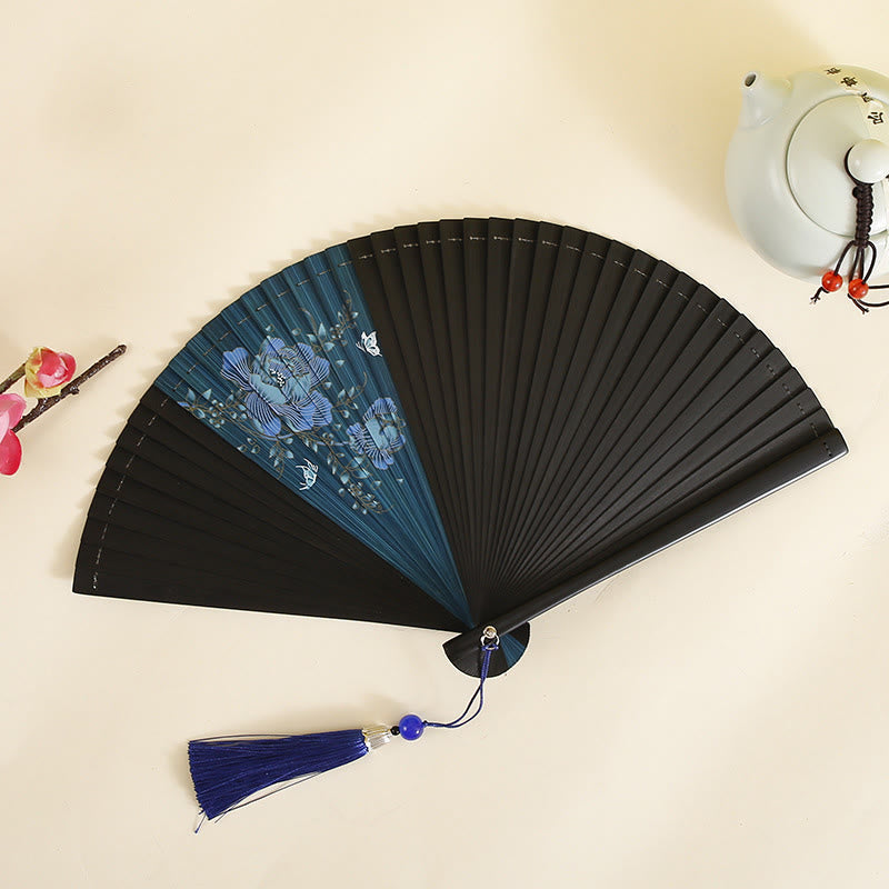 Buddha Stones Hibiscus Flower Plum Blossom Handheld Bamboo Folding Fan