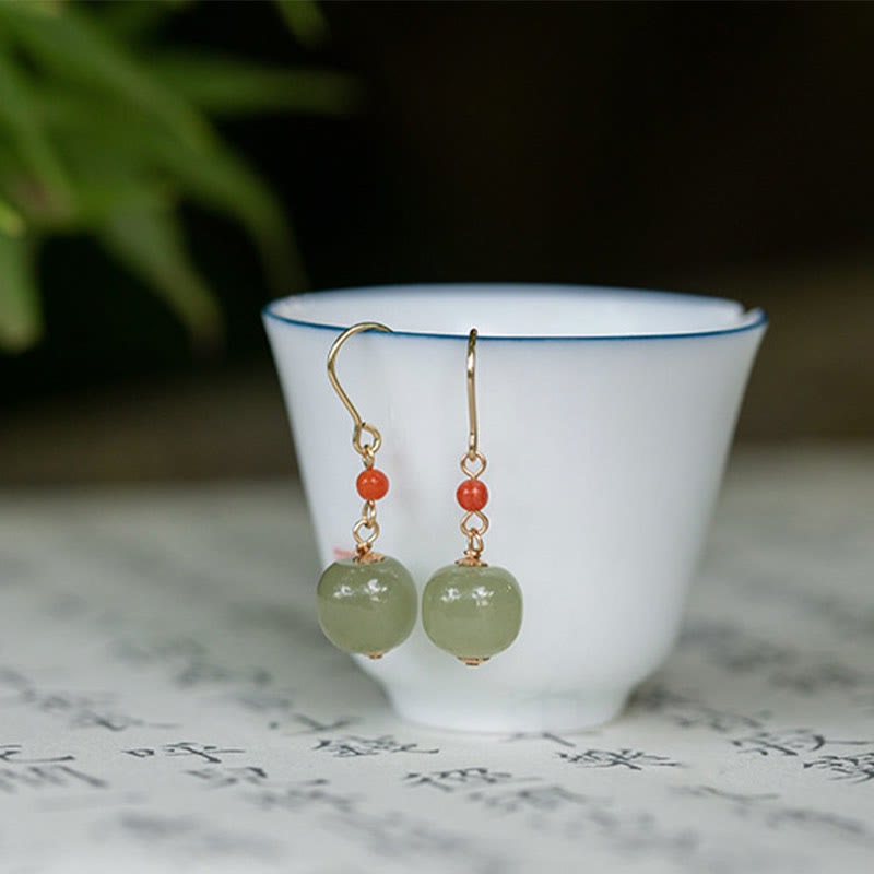 Buddha Stones 925 Sterling Silver Plated 14k Gold Hetian Jade Red Agate Luck Drop Dangle Earrings - image 4