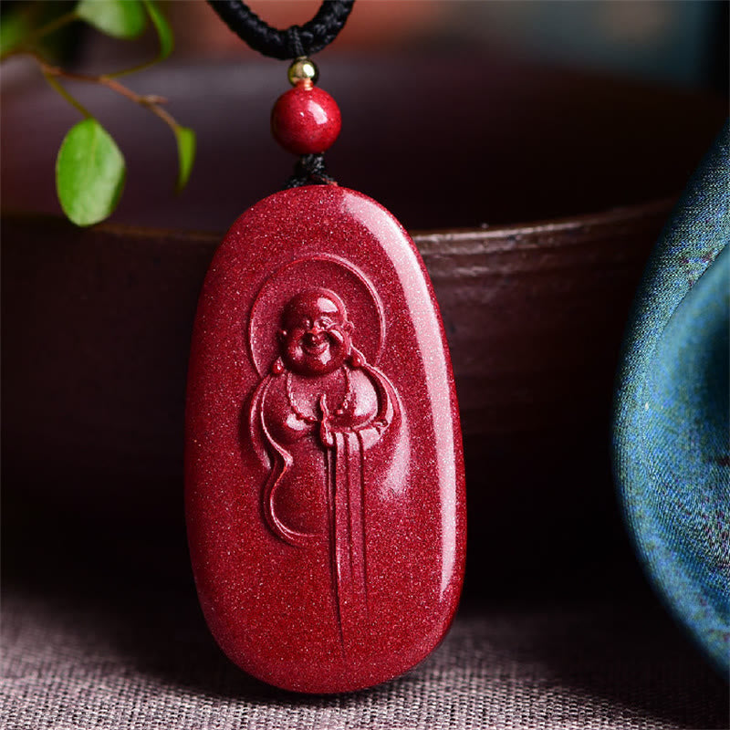 Buddha Stones Laughing Buddha Yin Yang Chinese Zodiac Gourd Natural Cinnabar Blessing Necklace Pendant - Laughing Buddha 38*21*8mm - image 1