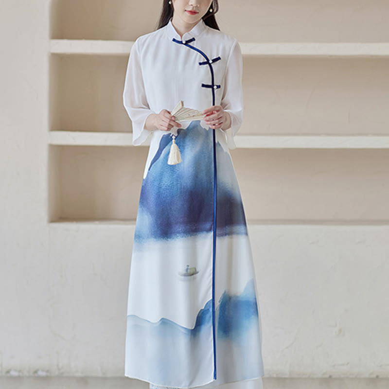 Buddha Stones Blue Landscape Painting Three Quarter Chinese Cheongsam Midi Dress