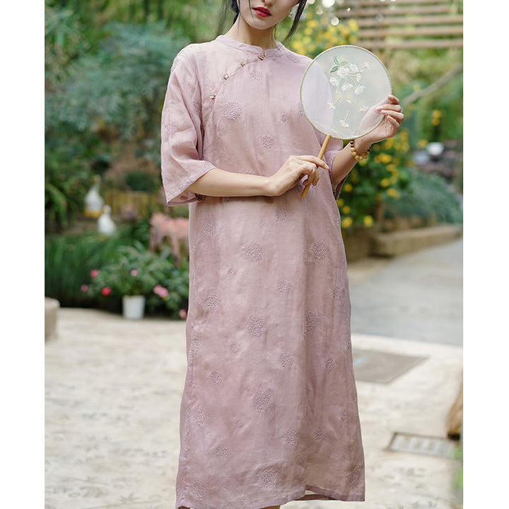 Buddha Stones Dandelion Flower Embroidery Half Sleeve Ramie Linen Chinese Cheongsam Midi Dress With Pockets