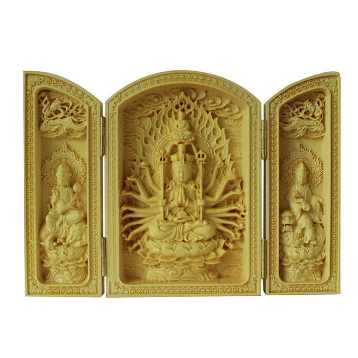 Thousand-armed Avalokitesvara Kwan Yin Buddha Boxwood Wealth Home Decoration Altar