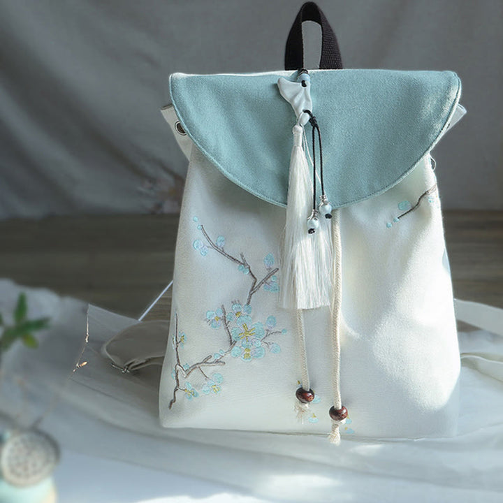 Buddha Stones Handmade Embroidered Large Capacity Canvas Backpack - Blue Plum Blossom - image 13