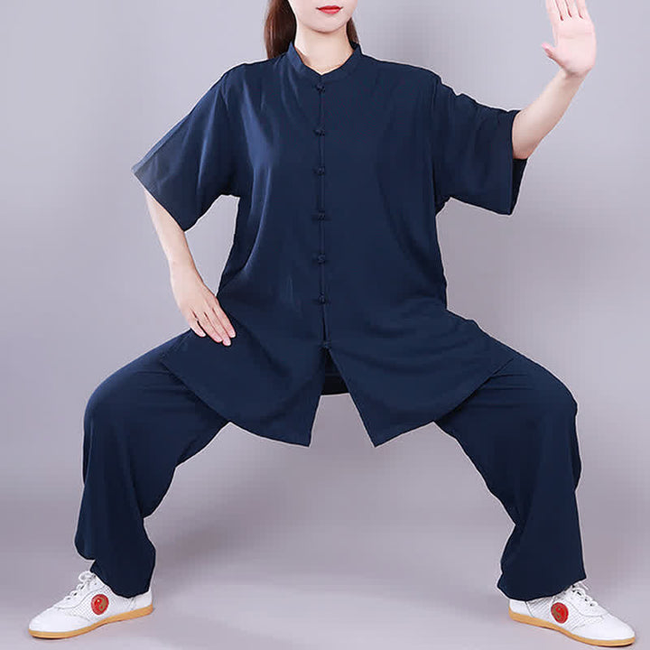 Tai Chi Qigong Meditation Prayer Spiritual Zen Practice Unisex Cotton Linen Clothing Set - Navy Blue - Short Sleeve - US14，UK/AU18，EU46 (3XL)  - image 20