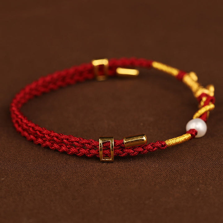 Buddha Stones 24K Gold Wish Ruyi Handle Fu Character Rabbit Pearl Luck Braided Bracelet - image 7