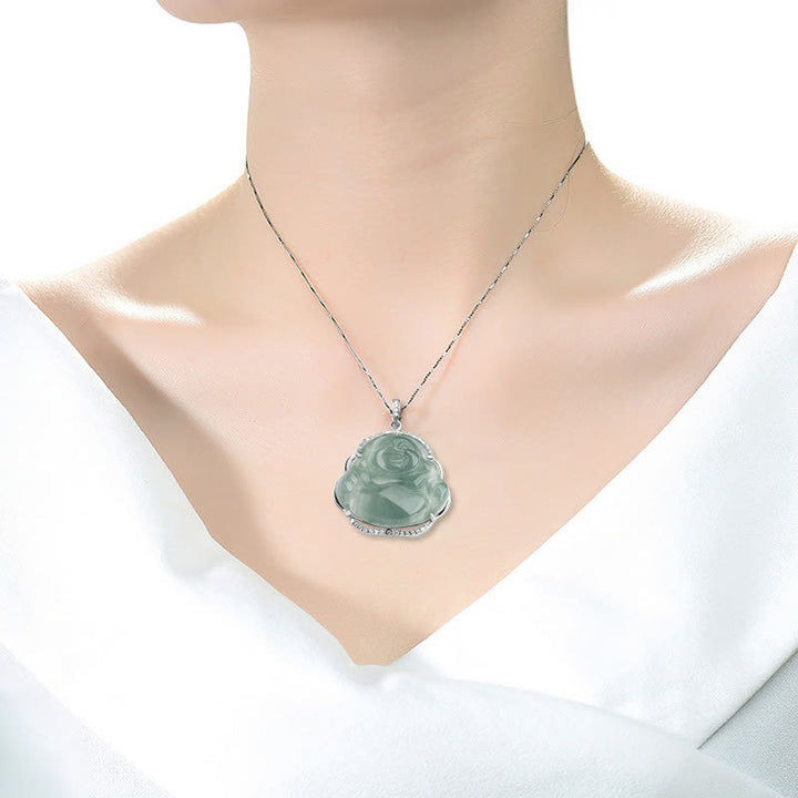 925 Sterling Silver Laughing Buddha Natural Jade Luck Necklace Chain Pendant - image 3