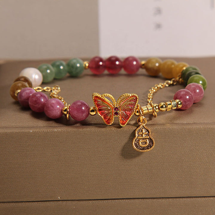 Buddha Stones Natural Colorful Tourmaline Butterfly Auspicious Character Gourd Charm Positive Bracelet