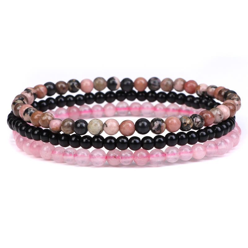 Buddha Stones 3Pcs Natural Crystal Stone Inner Peace Spiritual Bracelet - 4mm Rhodonite&Black Glass Beads&Pink Crystal(Wrist Circumference 15-16cm) - image 5