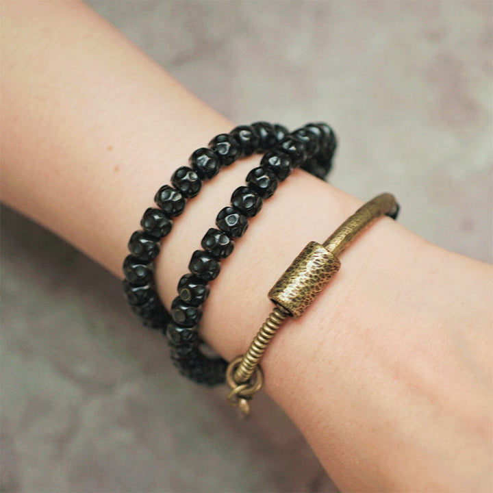 Buddha Stones Retro Coconut Shell Brass Copper Happiness Triple Wrap Bracelet - image 10