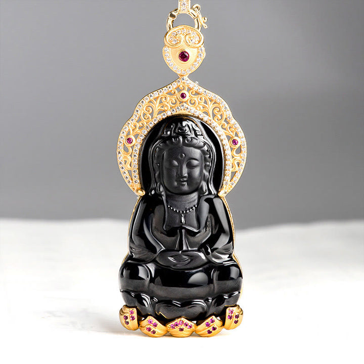 Buddha Stones Natural Black Jade Kwan Yin Avalokitesvara Wealth Titanium Steel Chain Necklace Pendant - Black Jade(Protection♥Calm) - image 0
