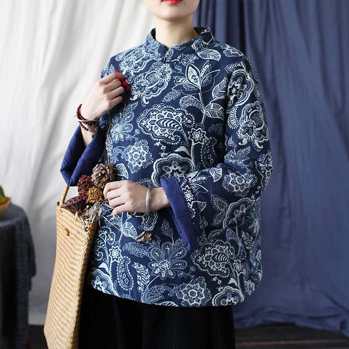 Buddha Stones Flowers Cotton Linen Jacket Shirt Chinese Northeast Style Winter Clothing