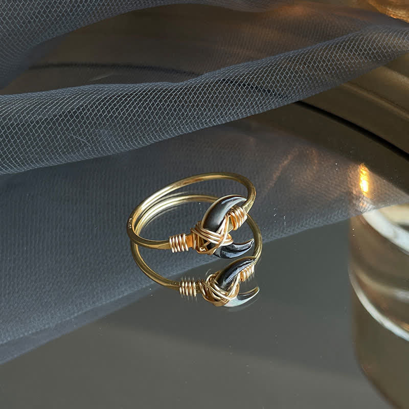 Buddha Stones Natural Tridacna Stone Moon 14K Gold Blessing Ring - Black - 61~62mm - image 12